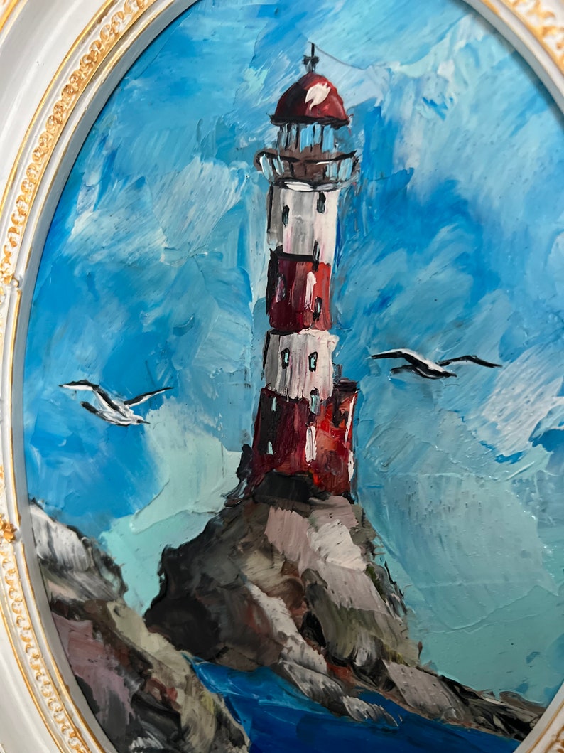 Lighthouse Painting Seascape Art Seagull Painting Coastal Art Ocean Original Art Small Oil Painting California Landscape Framed Painting image 6