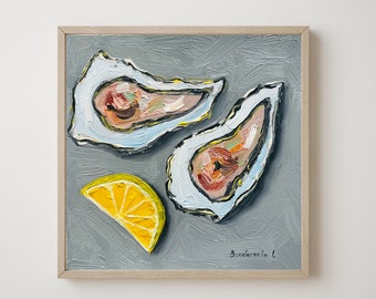 Oyster Painting Lemon Still Life Painting Small Culinary Art Original Oil Painting Seafood Wall Art Food Oyster Shell Painting Marine Art