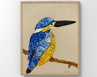 Blue Bird Painting Original Art Bird Canvas Art Kingfisher Bluebird Wall Decor 12" x 16"