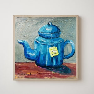 Tea Painting Still Life Original Art Teapot Painting Oil Impasto Artwork 6 by 6 inches image 1