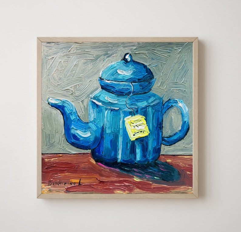 Tea Painting Still Life Original Art Teapot Painting Oil Impasto Artwork 6 by 6 inches image 1