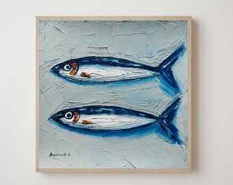 Sardine Painting Fish Art Food Painting Kitchen Small Painting Still Life Seafood Fine Art Original Oil Painting Restaurant