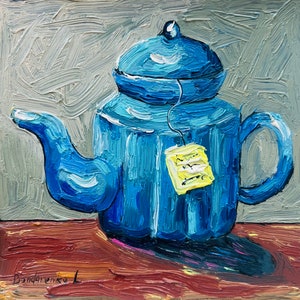 Tea Painting Still Life Original Art Teapot Painting Oil Impasto Artwork 6 by 6 inches image 10