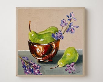 Pears Painting Flowers Art Still Life Painting Kitchen Wall Art Original painting Culinary arts Fruit Painting Food Art Small Oil Painting