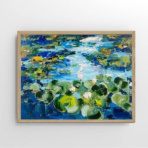 Water Lily Painting Monet Pond Original Art Floral Artwork Pond Impasto Landscape Oil Small Lily Painting 6 x 8 in