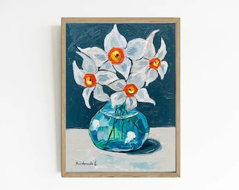 Daffodils painting Original Oil Painting Spring Flowers Impasto Flower Wall Art Narcissus Small Picture Fine Art White Flower Original