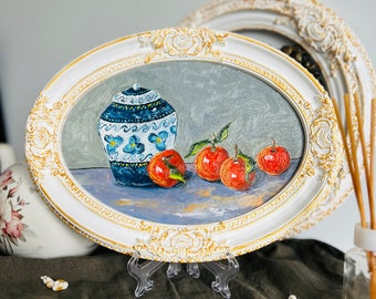 Clementine Painting Vase Art Citrus Still Life Vintage Art Original Painting Food Painting Oil Painting Small Art Framed Painting