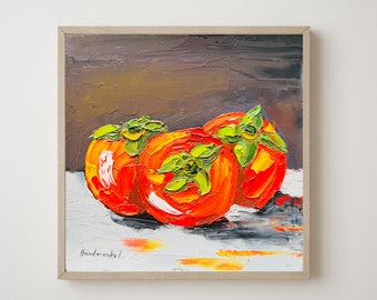 Persimmon Painting Fruit Still Life Original Oil Painting Kitchen Wall Art Fruit Small Oil Painting