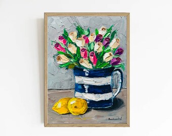 Tulips Painting Lemon Painting Flowers Art Still Life Painting Original Painting Tulips Oil Painting Small Painting Citruses Art