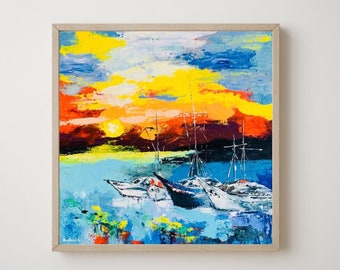 Sailboat Painting Original Art Seascape Canvas Art Sailboat Painting Seascape Oil Artwork Impasto 14 x 14 in