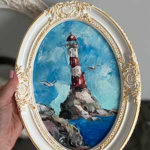 Lighthouse Painting Seascape Art Seagull Painting Coastal Art Ocean Original Art Small Oil Painting California Landscape Framed Painting image 5