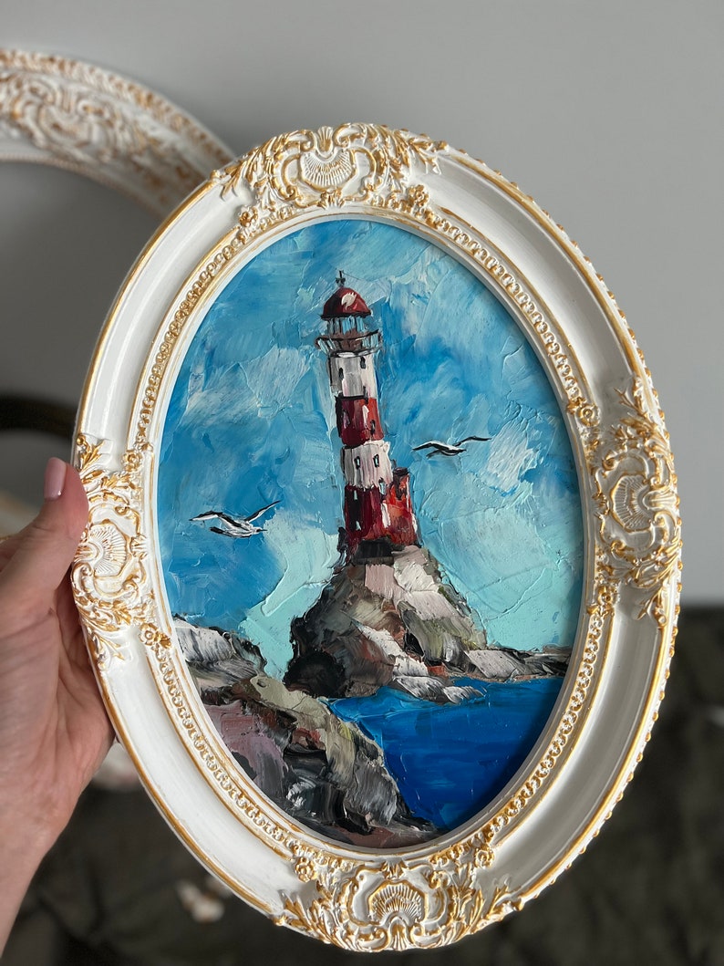 Lighthouse Painting Seascape Art Seagull Painting Coastal Art Ocean Original Art Small Oil Painting California Landscape Framed Painting image 5