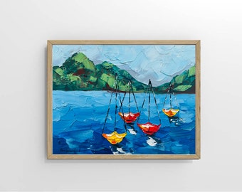 Sailboats Painting Seascape Art Mountain Painting Original Art Oil Painting Small Painting