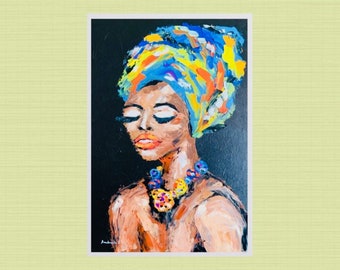 African American Woman Painting Impasto Original Art Painting Oil Art Black Woman 13 by 19 Inch