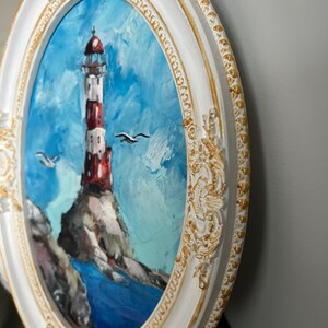 Lighthouse Painting Seascape Art Seagull Painting Coastal Art Ocean Original Art Small Oil Painting California Landscape Framed Painting image 3