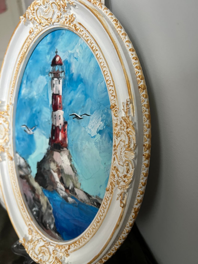 Lighthouse Painting Seascape Art Seagull Painting Coastal Art Ocean Original Art Small Oil Painting California Landscape Framed Painting image 3