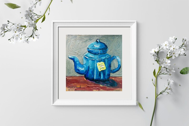 Tea Painting Still Life Original Art Teapot Painting Oil Impasto Artwork 6 by 6 inches image 9