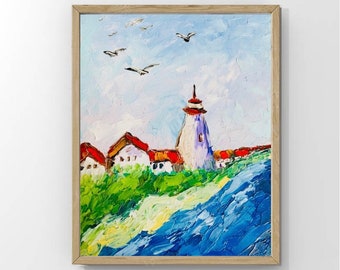 Lighthouse Painting Original Art Seascape Canvas Art Lighthouse Painting Landscape Oil Artwork Impasto 10x12in