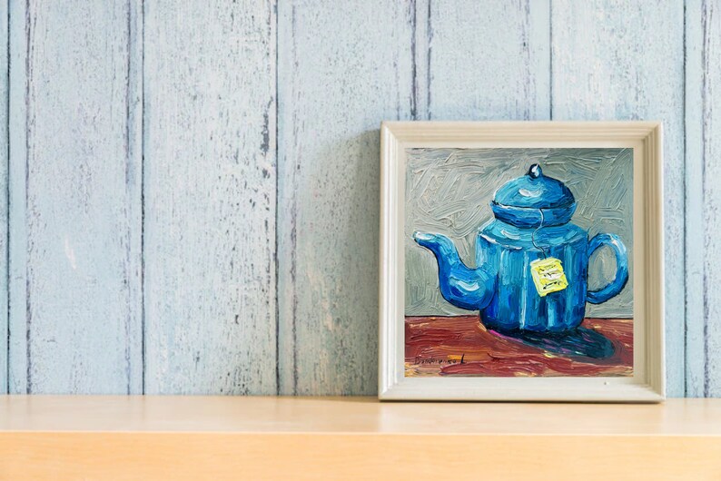 Tea Painting Still Life Original Art Teapot Painting Oil Impasto Artwork 6 by 6 inches image 5