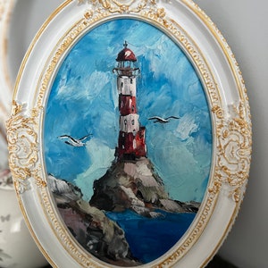 Lighthouse Painting Seascape Art Seagull Painting Coastal Art Ocean Original Art Small Oil Painting California Landscape Framed Painting image 4