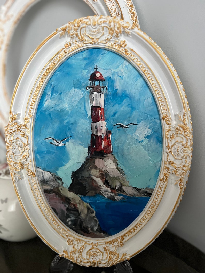 Lighthouse Painting Seascape Art Seagull Painting Coastal Art Ocean Original Art Small Oil Painting California Landscape Framed Painting image 4