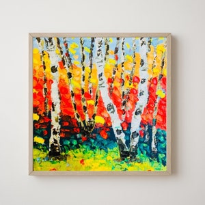 Malowanie brzozy Drzewa Oryginalna sztuka Aspen Brzozy Malowanie olejne Impasto Artwork 8 na 8 cali