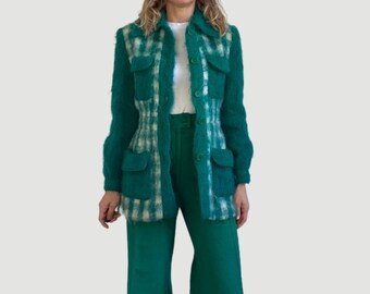 Vintage 80s Plaid Blazer: Green & White Retro Check Coat