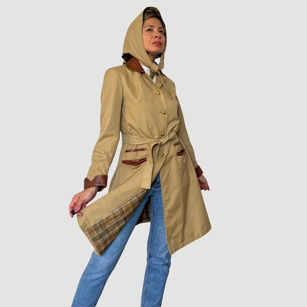 Trench-coat beige pour femme vintage avec ceinture et capuche - Veste trench imperméable unique - Trench-coat à capuche beige - Taille XS/S - Années 1970