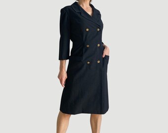 Vintage Black Dress with Pockets: 90s Chic Double-Breasted Style, Size S/M