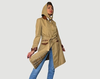 Vintage Woman Beige Trench Coat with belt & hood - Unique Waterproof Trench coat jacket - Beige Hoodie trench coat - Size XS/ S - 1970s