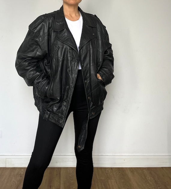 Vintage 1980s Patchwork Black Leather Bomber Jack… - image 2