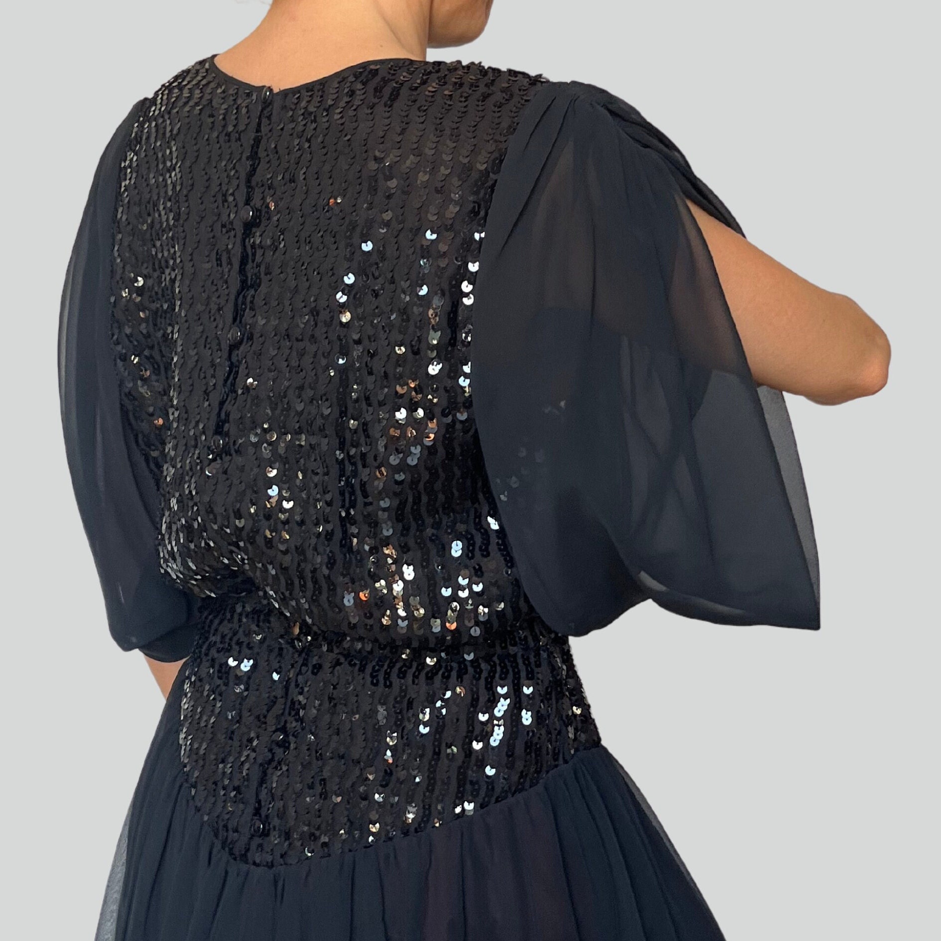 frank usher sequin dress 80s Frank Usher Little Black Dress Sequinned Party Dress