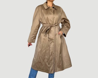 Vintage Beige Satin Trench Coat - 1990s Long Belted Jacket - Size M/L