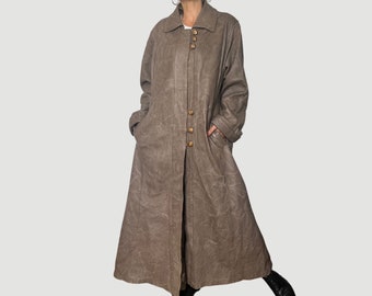Vintage Woman marbled brown thick leather Long Coat - Oversized heavy leather trench coat - High quality overcoat jacket - Size XL - 80s
