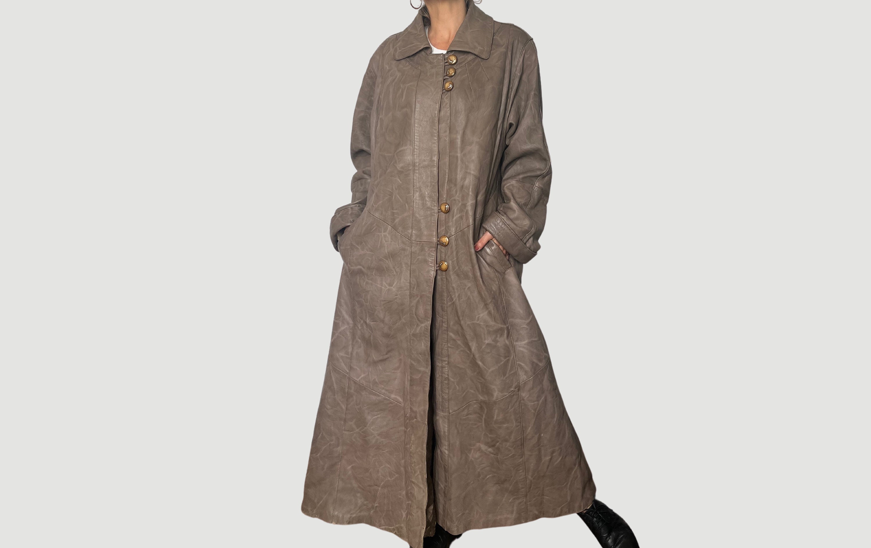 Vintage Marbled Brown Leather Trench Coat: Oversized 80s Overcoat