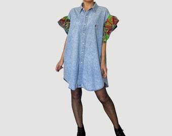 Vintage Woman Denim Shirtdress by Ralph Lauren - Upcycling Print blouse - Ralph Lauren cotton blue jean long shirt - Size M/L/XL/2XL - 90s