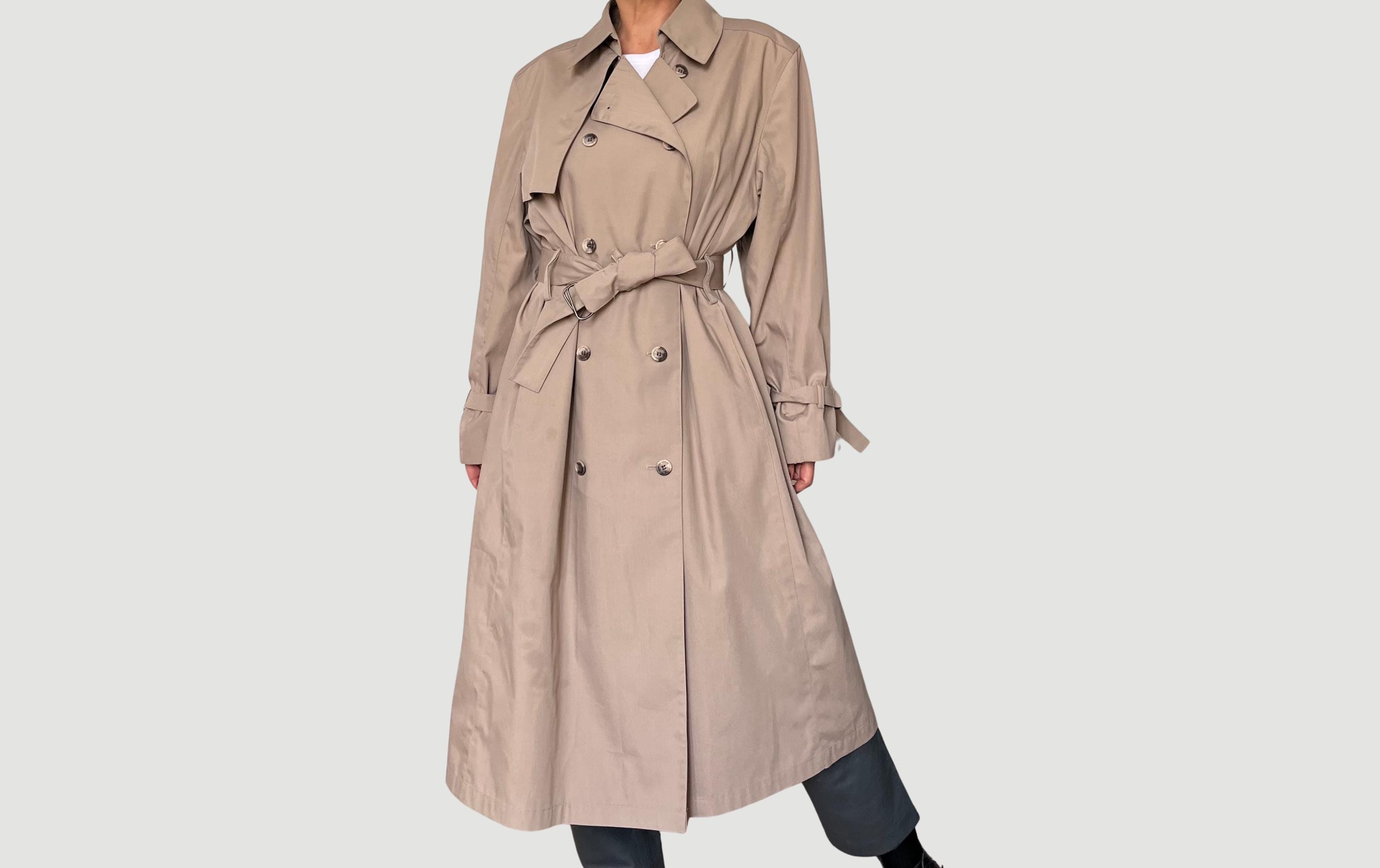 Vintage London Fog Trench Coat: Beige Double Breasted Belted Jacket, Size L