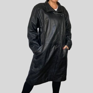 Vintage Woman Black Long Leather Overcoat - Avant Garde Leather Trench coat - 1980s - Size L/ XL - Excellent Vintage Condition