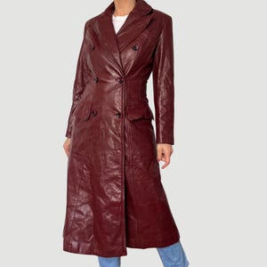 Vintage 90s Dark Brown Leather Trench Coat - Fitted Long Jacket