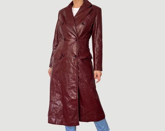 90年代ヴィンテージレディースブラウンレザーロングトレンチコート