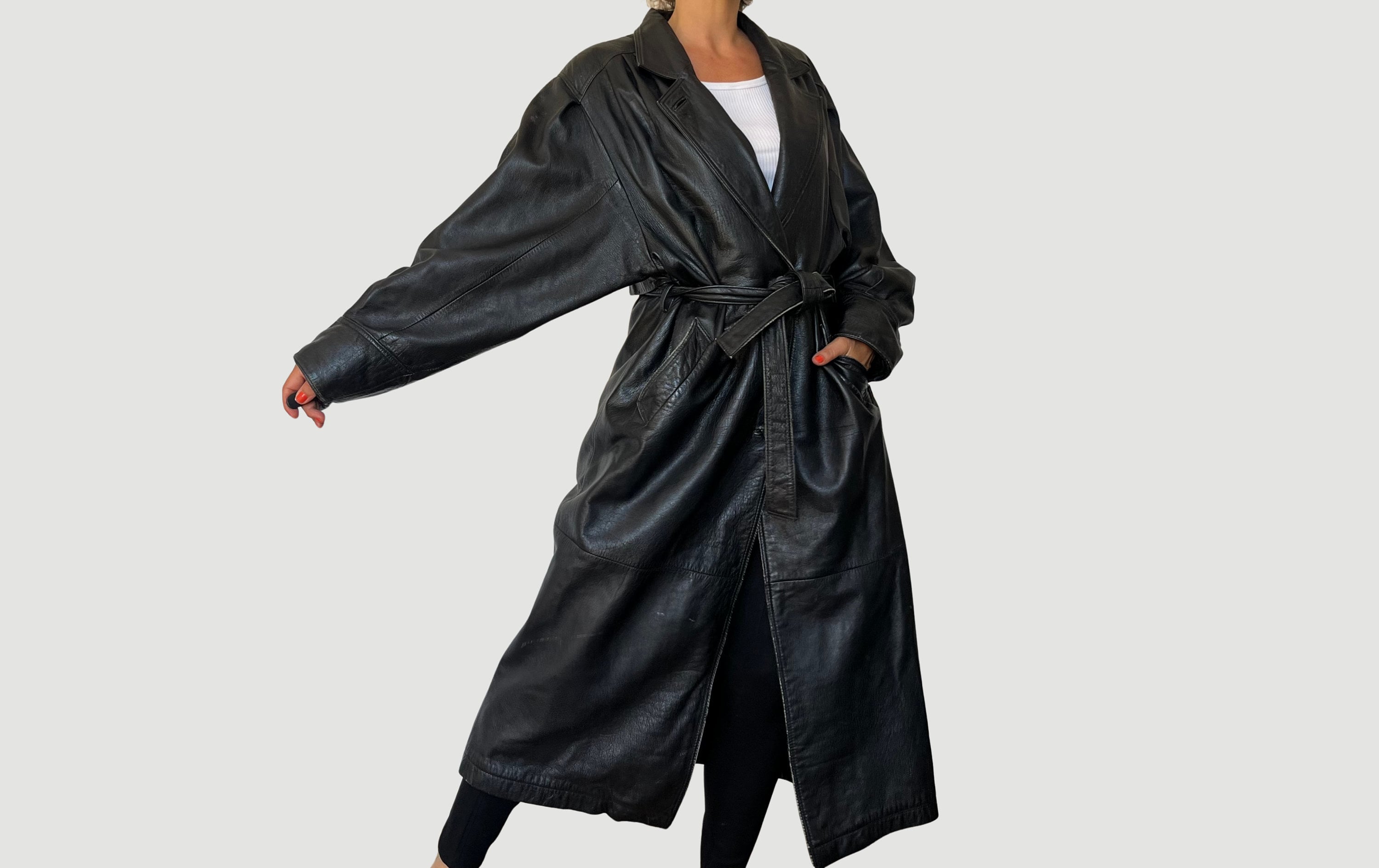 Vintage Black Leather Trench Coat: 1990s Avant Garde Overcoat