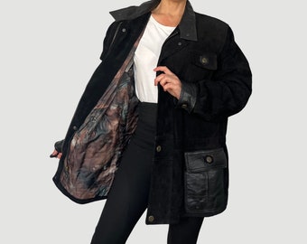 Vintage Woman Black Leather Parka Jacket - Oversize Leather Coat - Man Leather Overcoat - 1980s - Excellent Vintage Condition