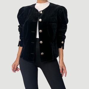 90s Kurzjacke aus schwarzem Baumwollsamt: Retro H. Moser Blazer, Grösse M/L