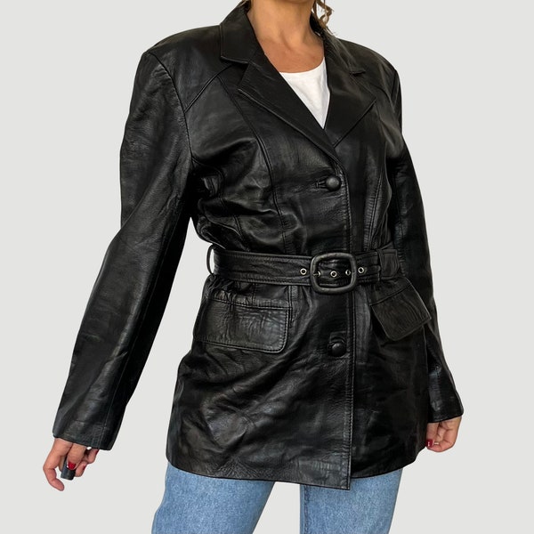 Vintage femme noir veste en cuir avec ceinture - blazer sur mesure en cuir noir avant-gardiste - manteau léger en cuir noir - taille M/L - années 90