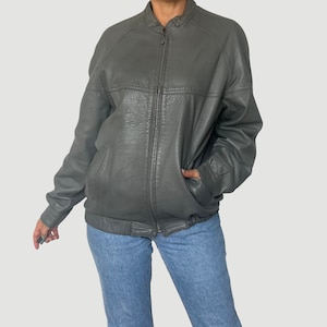 Vintage 90s Gray Leather Bomber Jacket: Oversized Motorcycle Coat (Size S/M)