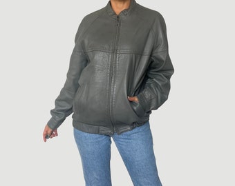 Vintage 90s Gray Leather Bomber Jacket: Oversized Motorcycle Coat