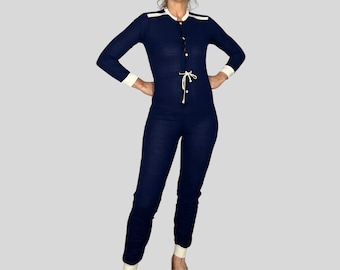 Vintage Old Stock Woman Blau-Weißer Baumwoll Jumpsuit - Lange Ärmel aus Wolle Jumpsuit Hose - Größe XS - 1990er Jahre - Neuer Vintage Zustand