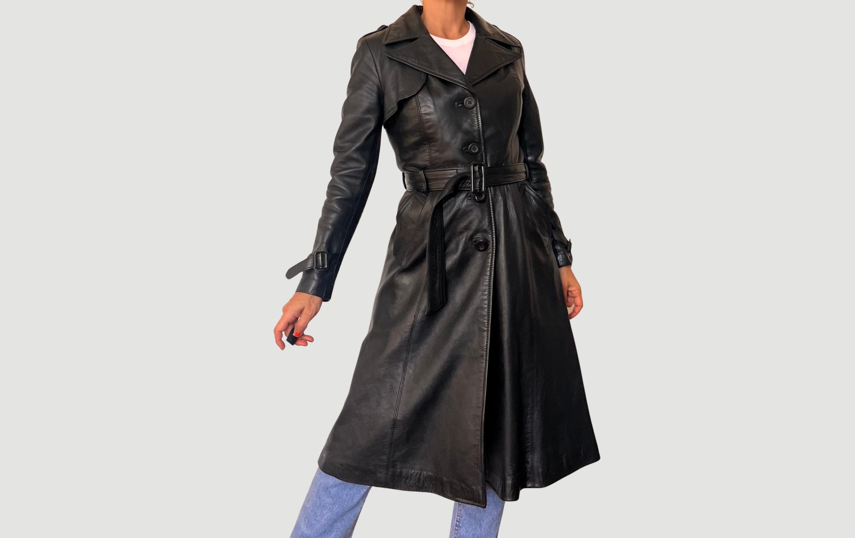 Vintage Black Leather Trench Coat: Italian Avant Garde Overcoat