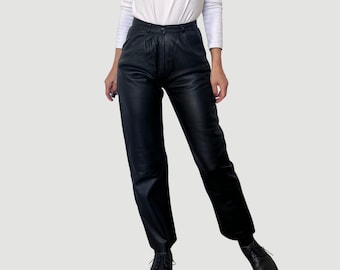 Calça de couro preta vintage dos anos 90 - Calça de motociclista de cintura alta tamanho P
