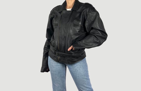 Vintage 90s Heavy Black Leather Biker Jacket - Crop Motorcycle